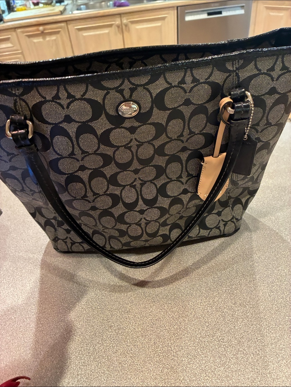 Coach Signature Monogram Tote in Black and Beige Trim F 27348
